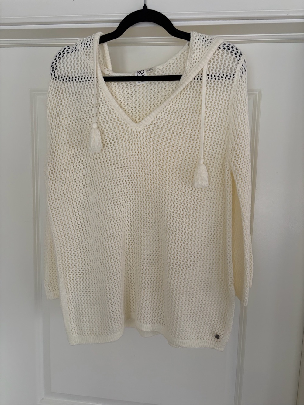 Roxy Cream Open-Weave V-Neck Hooded Sweater